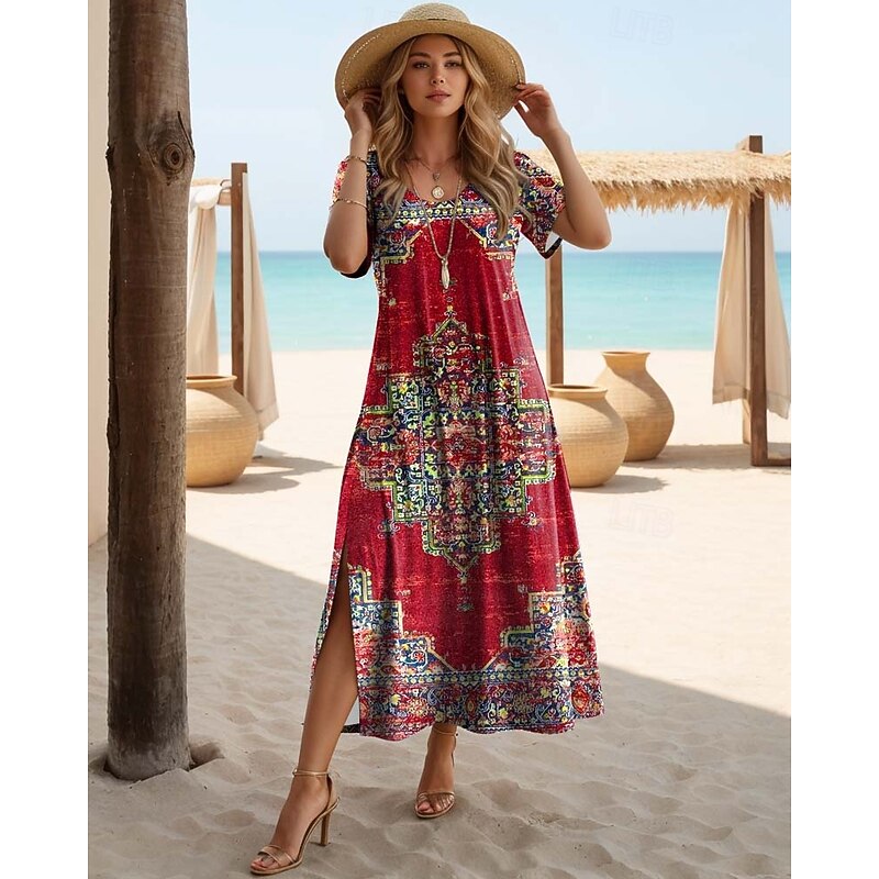 Women's Bohemian Floral Print Maxi Dress, Short Sleeve Split Hem V-Neck Casual Beach Dress