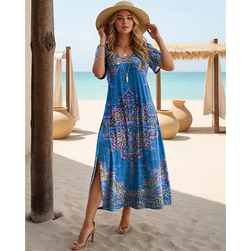 Women's Bohemian Floral Print Maxi Dress, Short Sleeve Split Hem V-Neck Casual Beach Dress