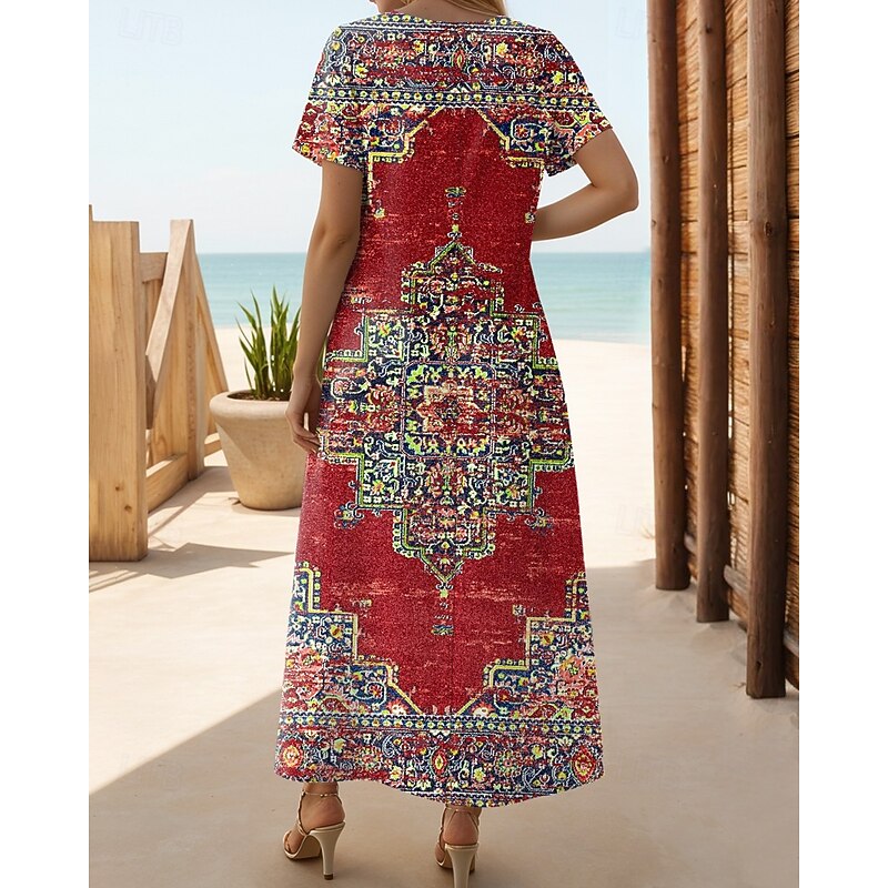 Women's Bohemian Floral Print Maxi Dress, Short Sleeve Split Hem V-Neck Casual Beach Dress