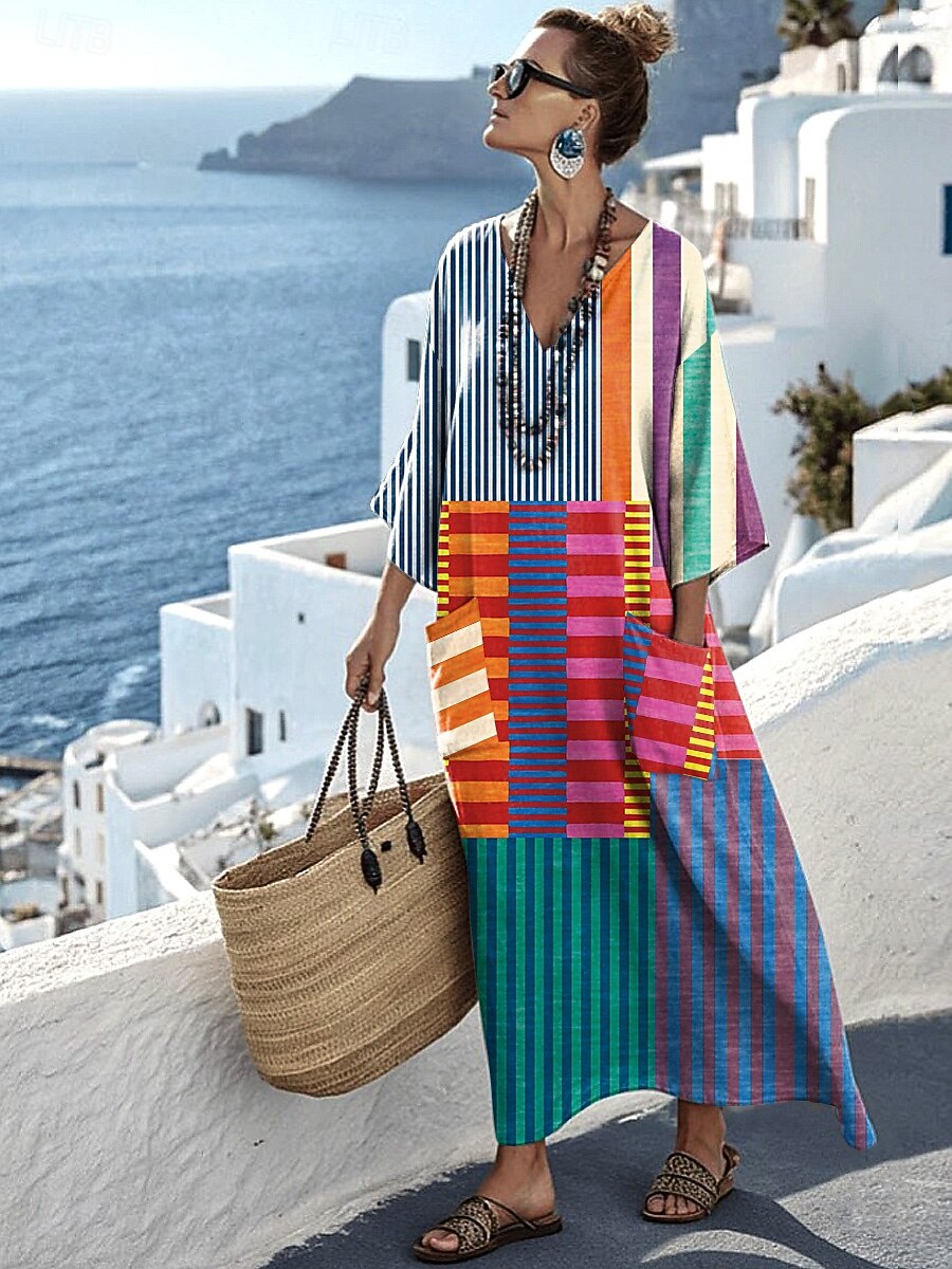 Women's Striped Print V-Neck Maxi Dress, Three-Quarter Sleeve Loose-Fit Casual Beach Dress with Pockets