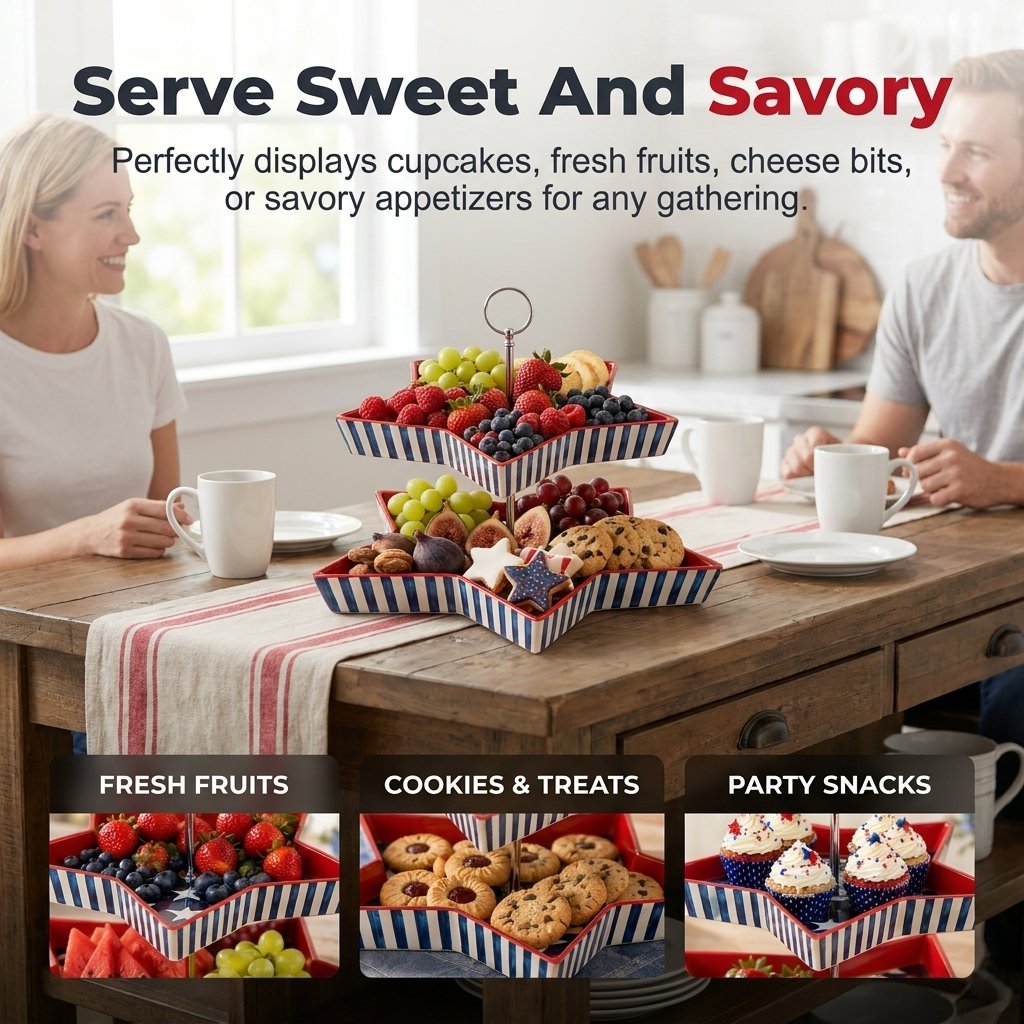 Patriotic Star-Shaped 2-Tier Serving Tray, American Flag Design Ceramic Tiered Platter with Metal Handle