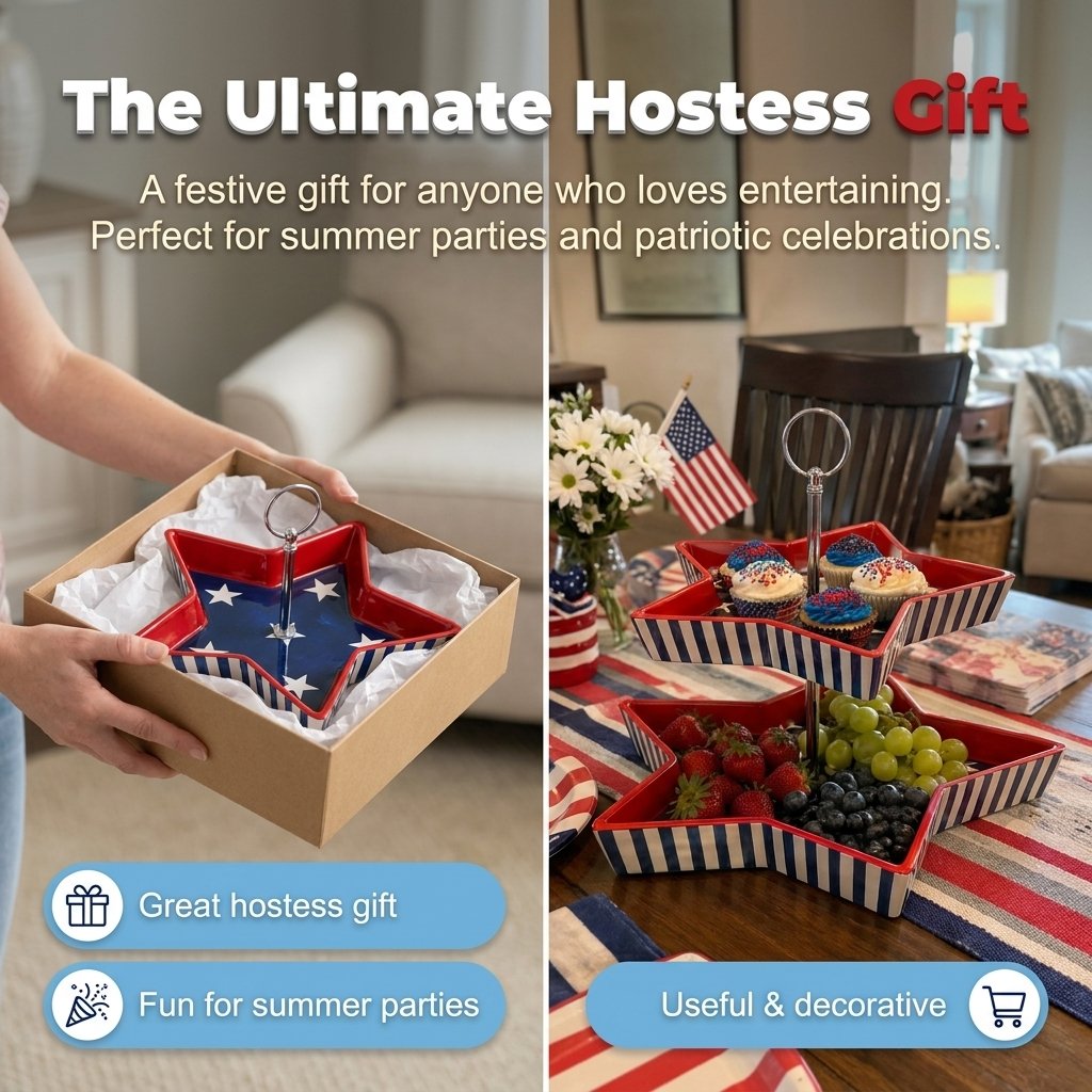 Patriotic Star-Shaped 2-Tier Serving Tray, American Flag Design Ceramic Tiered Platter with Metal Handle