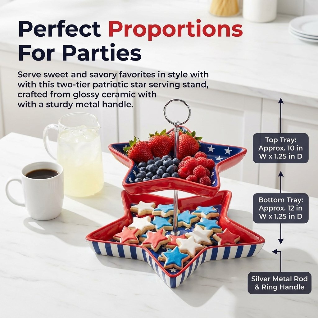 Patriotic Star-Shaped 2-Tier Serving Tray, American Flag Design Ceramic Tiered Platter with Metal Handle