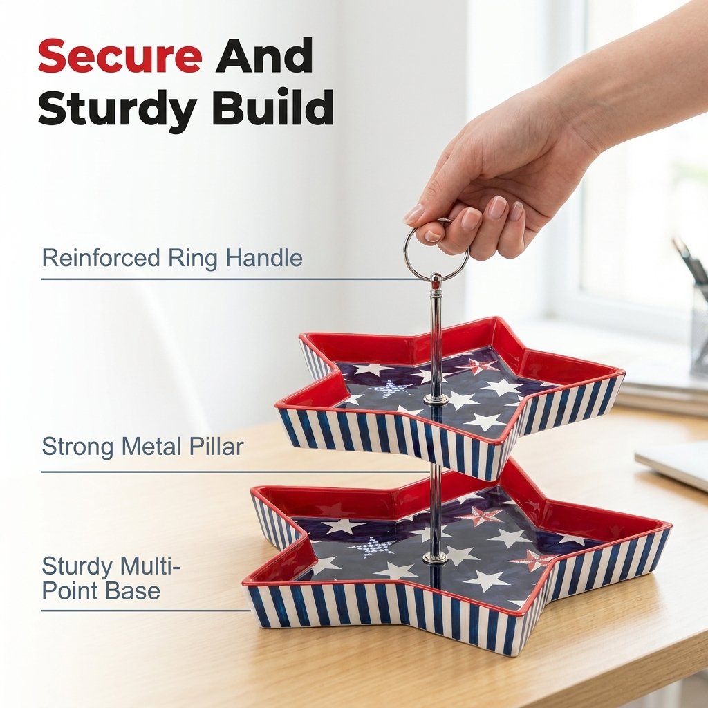 Patriotic Star-Shaped 2-Tier Serving Tray, American Flag Design Ceramic Tiered Platter with Metal Handle