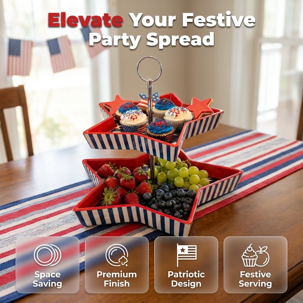 Patriotic Star-Shaped 2-Tier Serving Tray, American Flag Design Ceramic Tiered Platter with Metal Handle