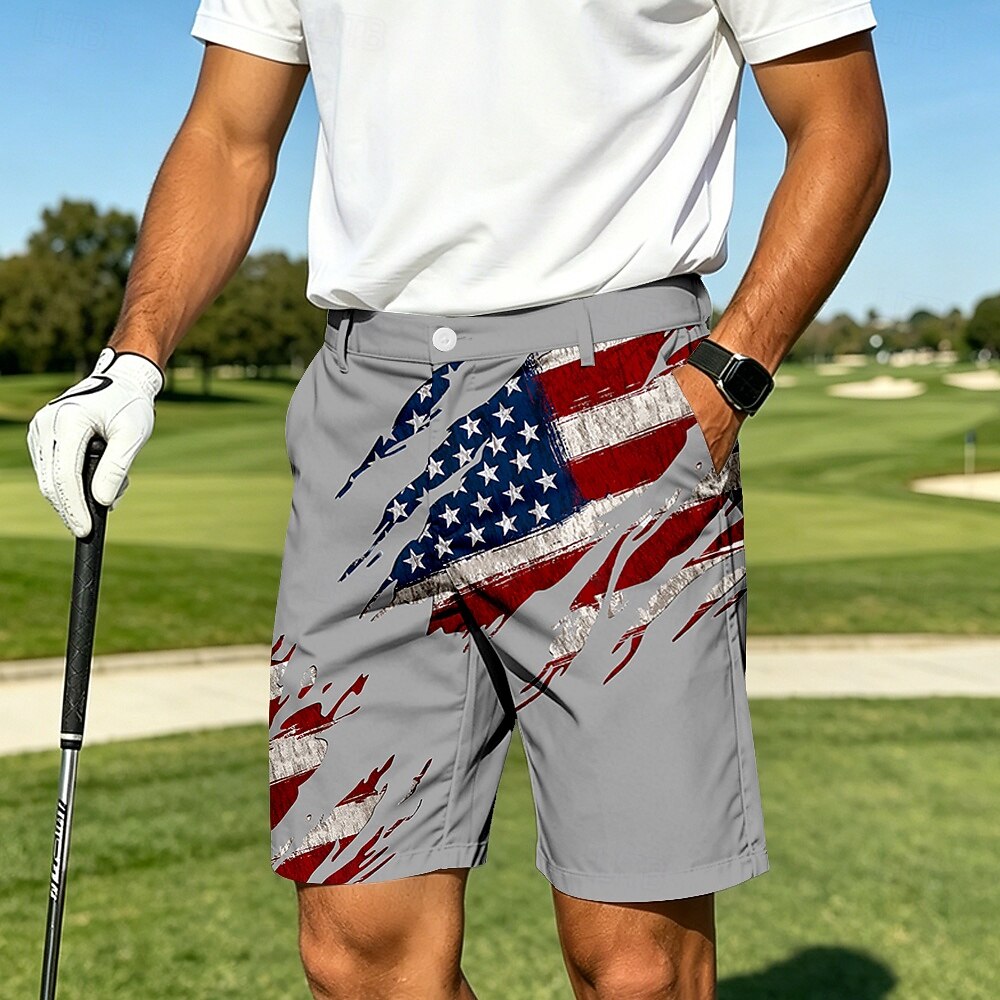Men's Gray USA Flag Print Golf Shorts, Patriotic Quick-Dry Casual Board Shorts