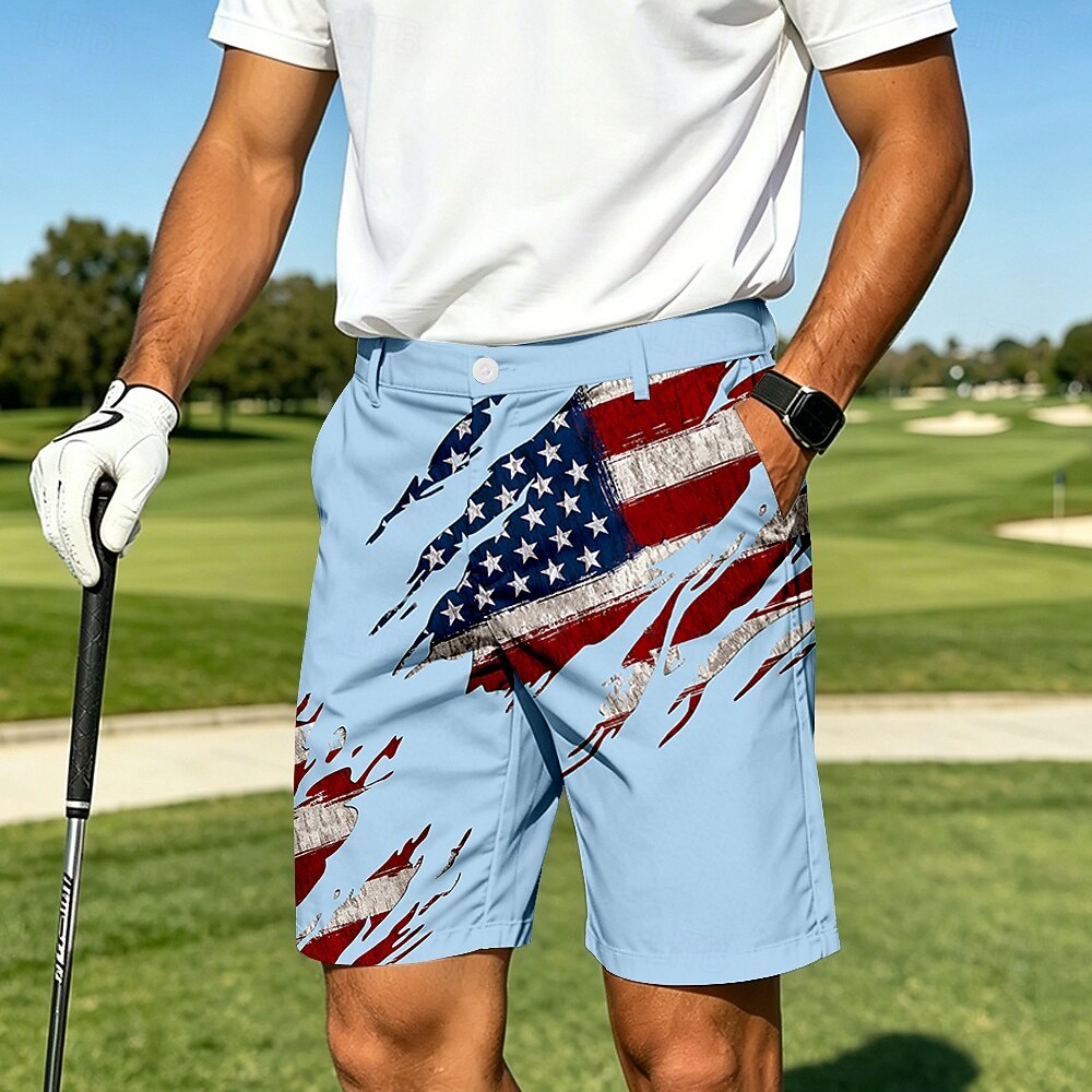 Men's Gray USA Flag Print Golf Shorts, Patriotic Quick-Dry Casual Board Shorts