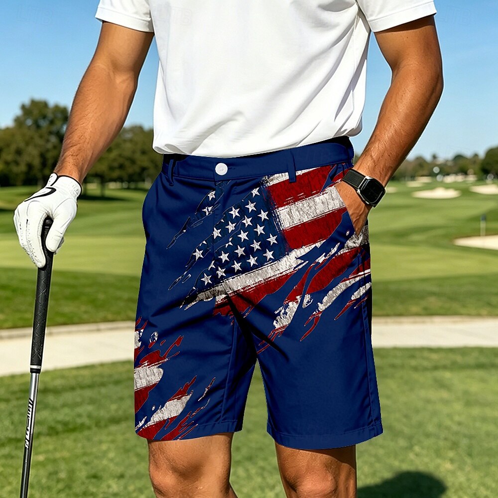 Men's Gray USA Flag Print Golf Shorts, Patriotic Quick-Dry Casual Board Shorts