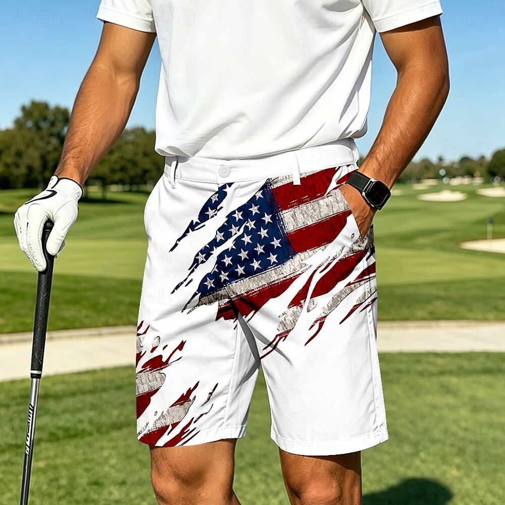 Men's Gray USA Flag Print Golf Shorts, Patriotic Quick-Dry Casual Board Shorts