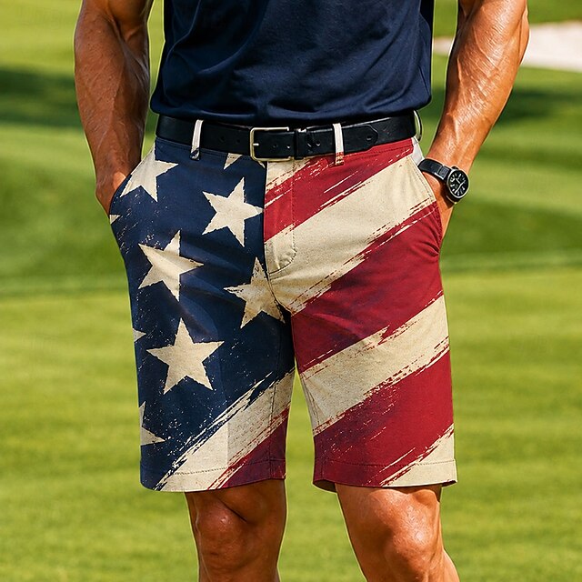 Men's Vintage USA Flag Print Golf Shorts, Patriotic Quick-Dry Casual Board Shorts