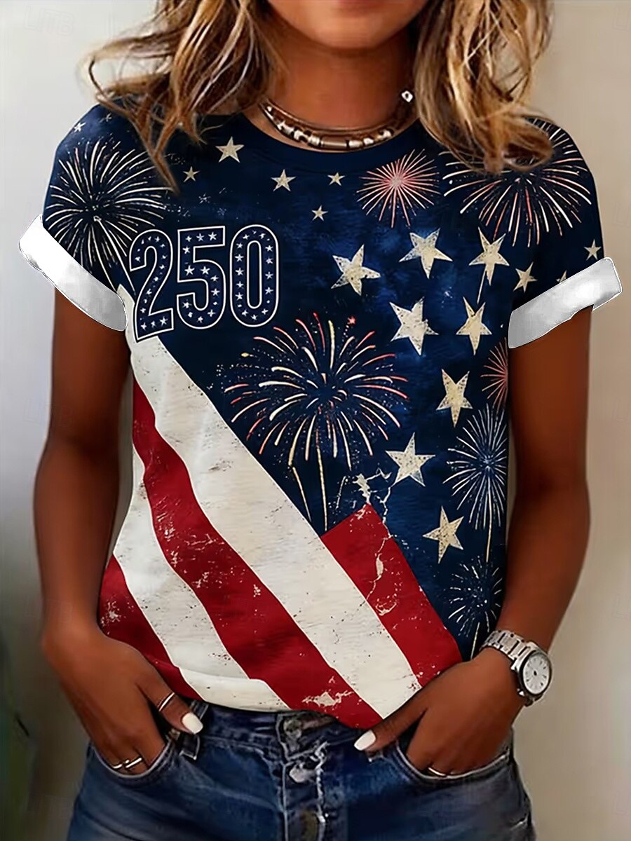 Women's 250th USA Independence Anniversary T-Shirt, Patriotic Flag Fireworks Print Short Sleeve Top
