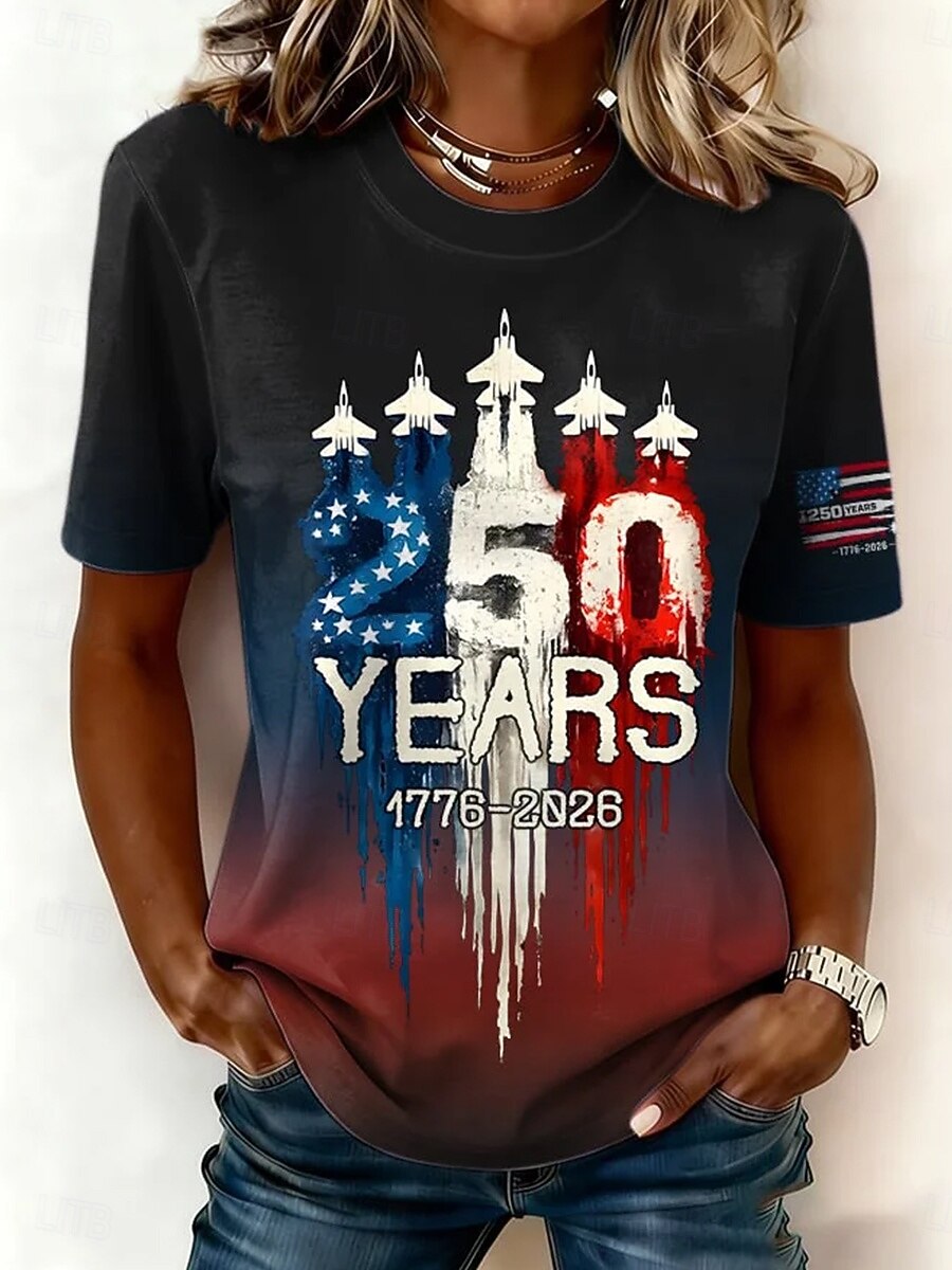 Women's 250th USA Independence Anniversary T-Shirt, Patriotic Flag Fireworks Print Short Sleeve Top