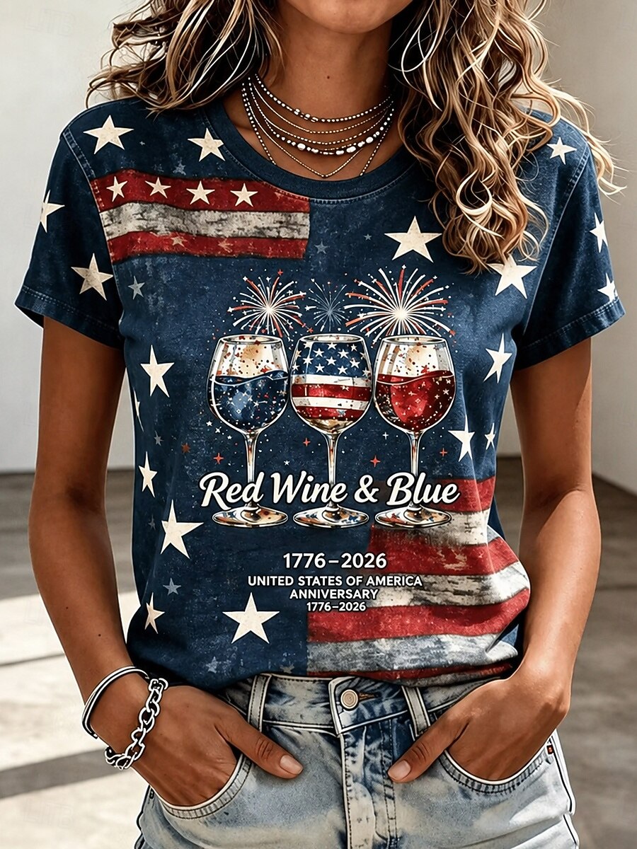Women's 250th USA Independence Anniversary T-Shirt, Patriotic Flag Fireworks Print Short Sleeve Top