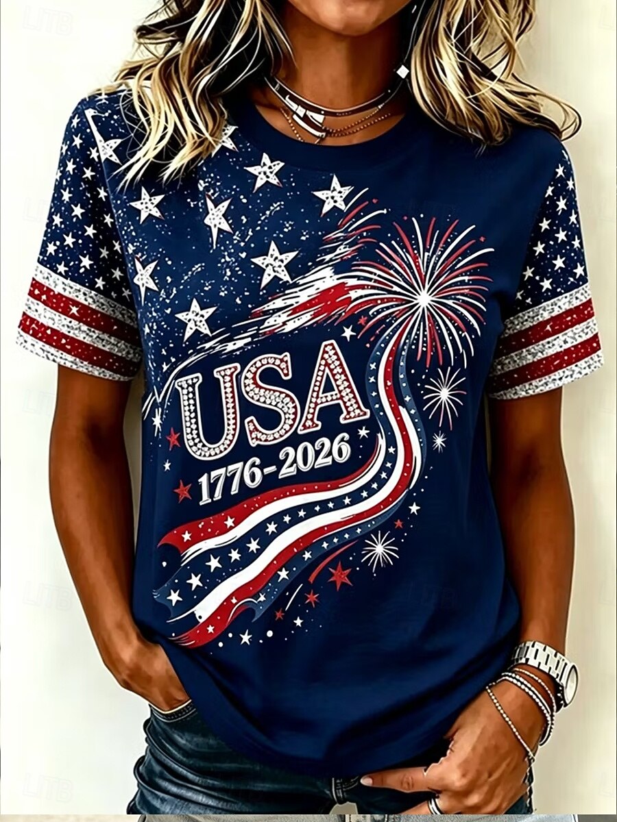 Women's 250th USA Independence Anniversary T-Shirt, Patriotic Flag Fireworks Print Short Sleeve Top