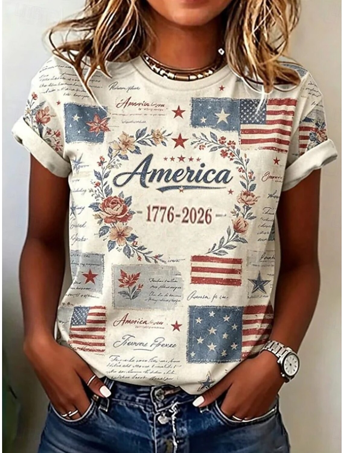 Women's 250th USA Independence Anniversary T-Shirt, Patriotic Flag Fireworks Print Short Sleeve Top