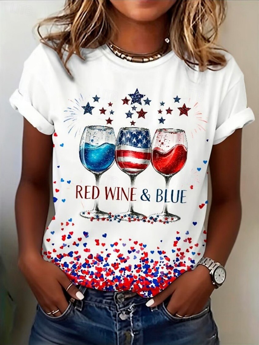 Women's 250th USA Independence Anniversary T-Shirt, Patriotic Flag Fireworks Print Short Sleeve Top