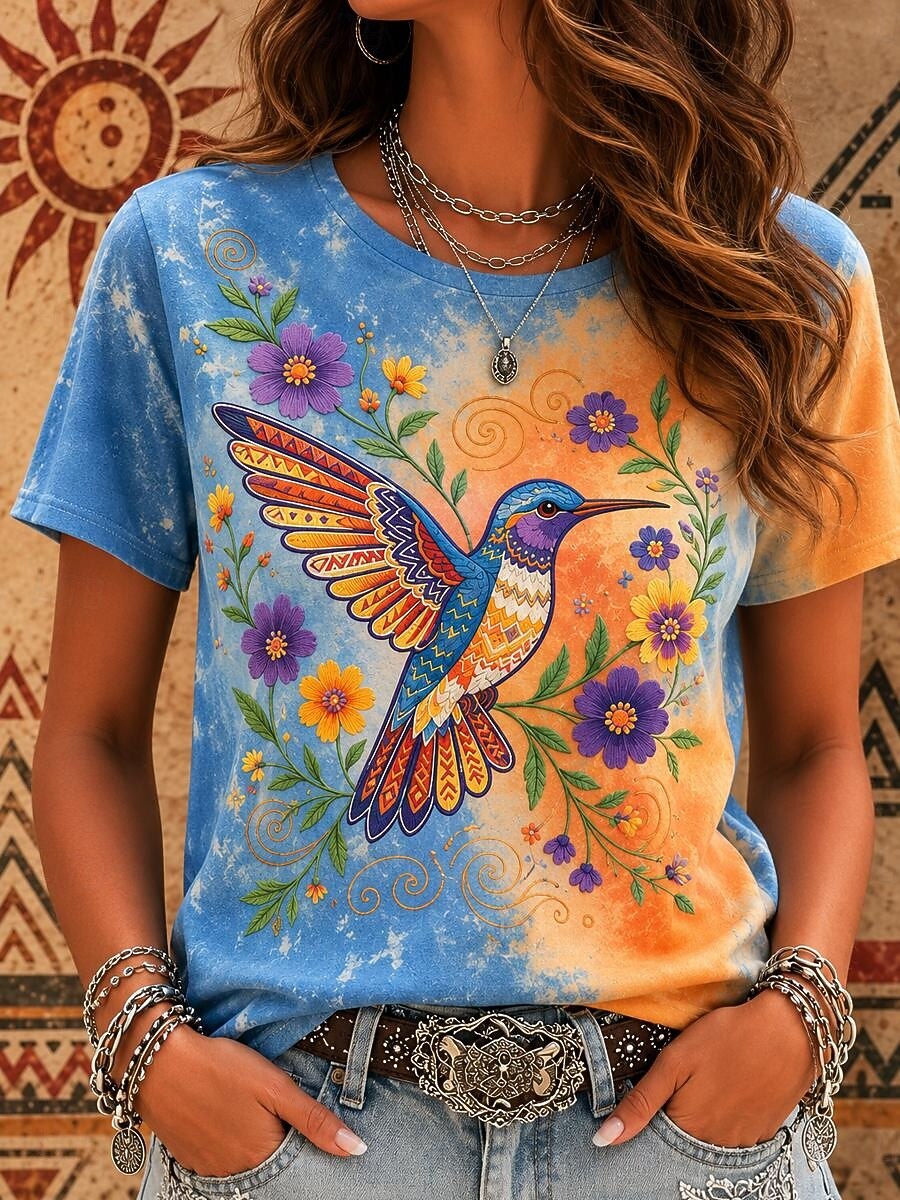Women's Bohemian-style hummingbird floral print tie-dye T-shirt, casual short-sleeve Western-style top