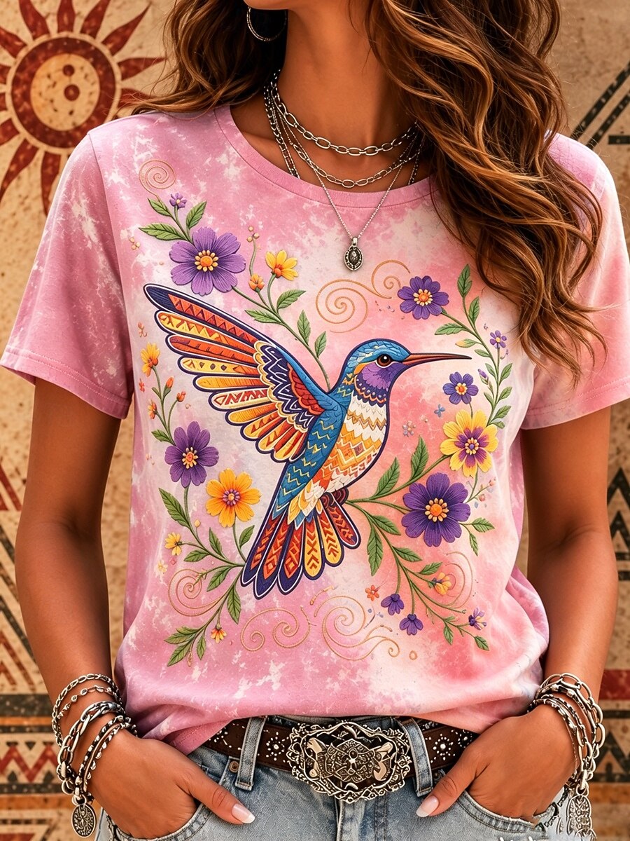 Women's Bohemian-style hummingbird floral print tie-dye T-shirt, casual short-sleeve Western-style top