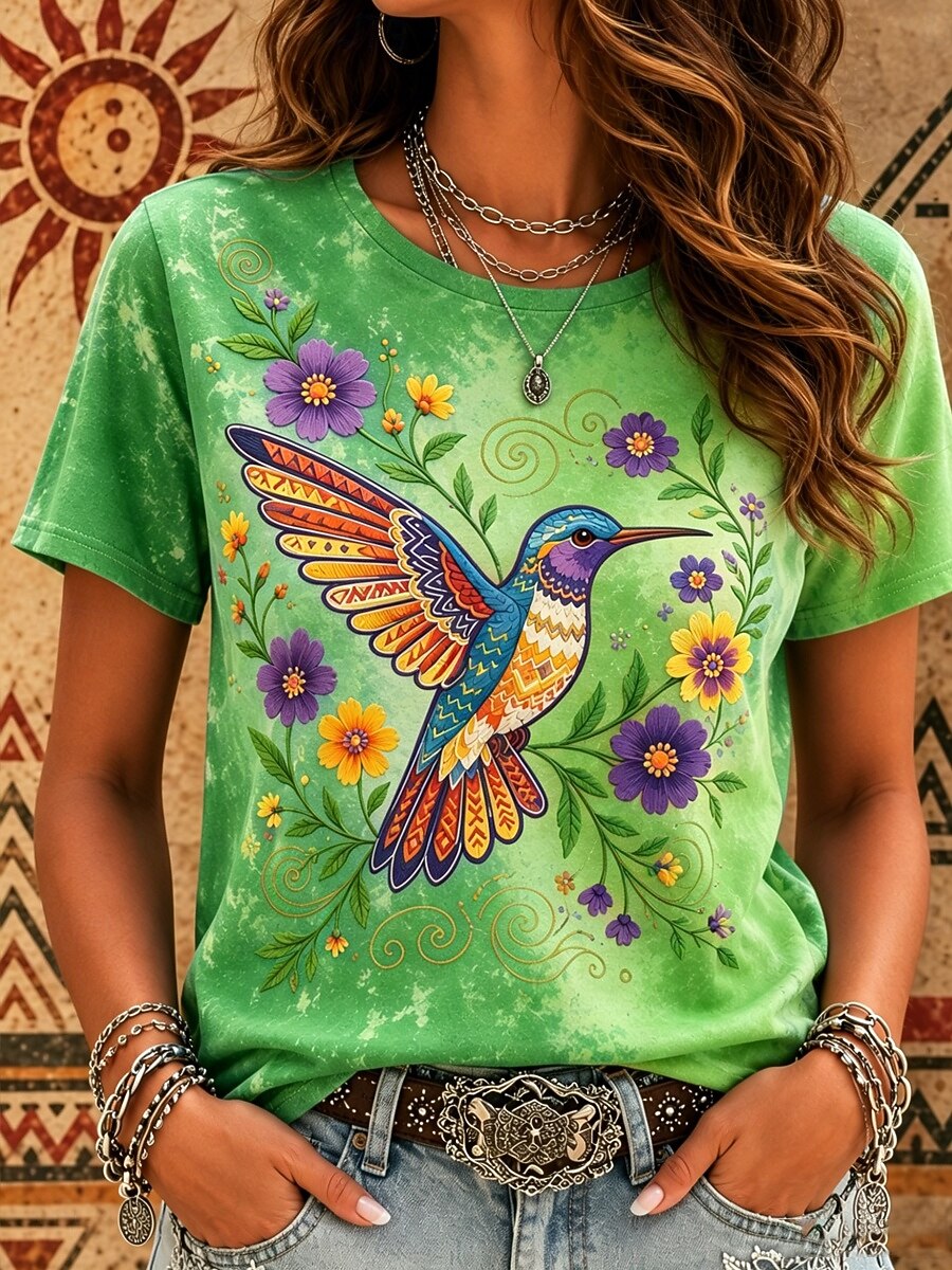 Women's Bohemian-style hummingbird floral print tie-dye T-shirt, casual short-sleeve Western-style top