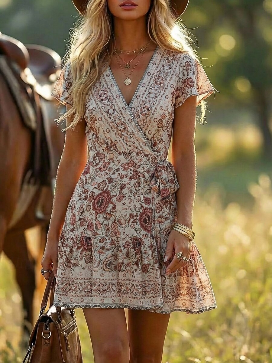 Women's Boho Floral Print Wrap Mini Dress, Red V-Neck Short Sleeve Tie Waist Ruffle Hem Casual Summer Dress