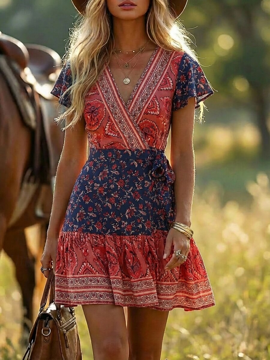 Women's Boho Floral Print Wrap Mini Dress, Red V-Neck Short Sleeve Tie Waist Ruffle Hem Casual Summer Dress