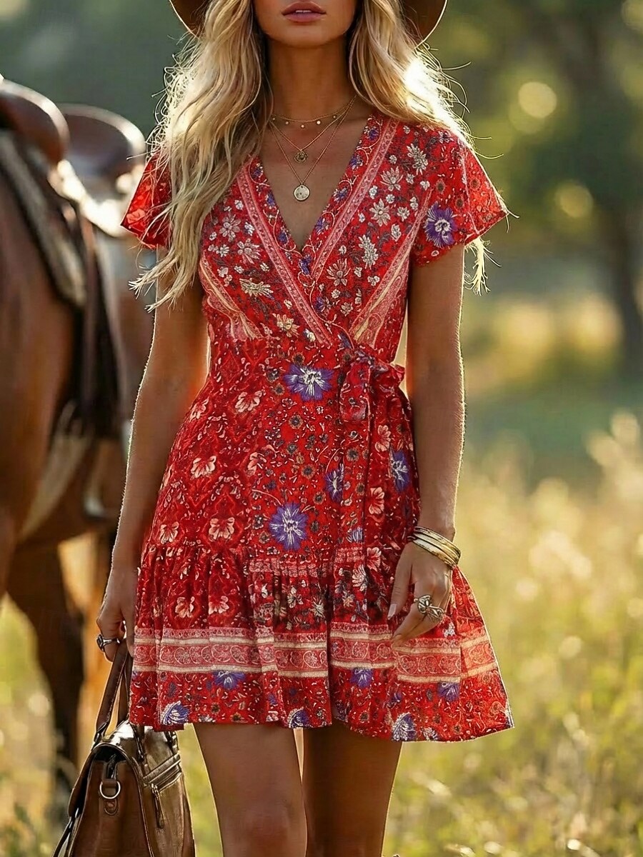 Women's Boho Floral Print Wrap Mini Dress, Red V-Neck Short Sleeve Tie Waist Ruffle Hem Casual Summer Dress