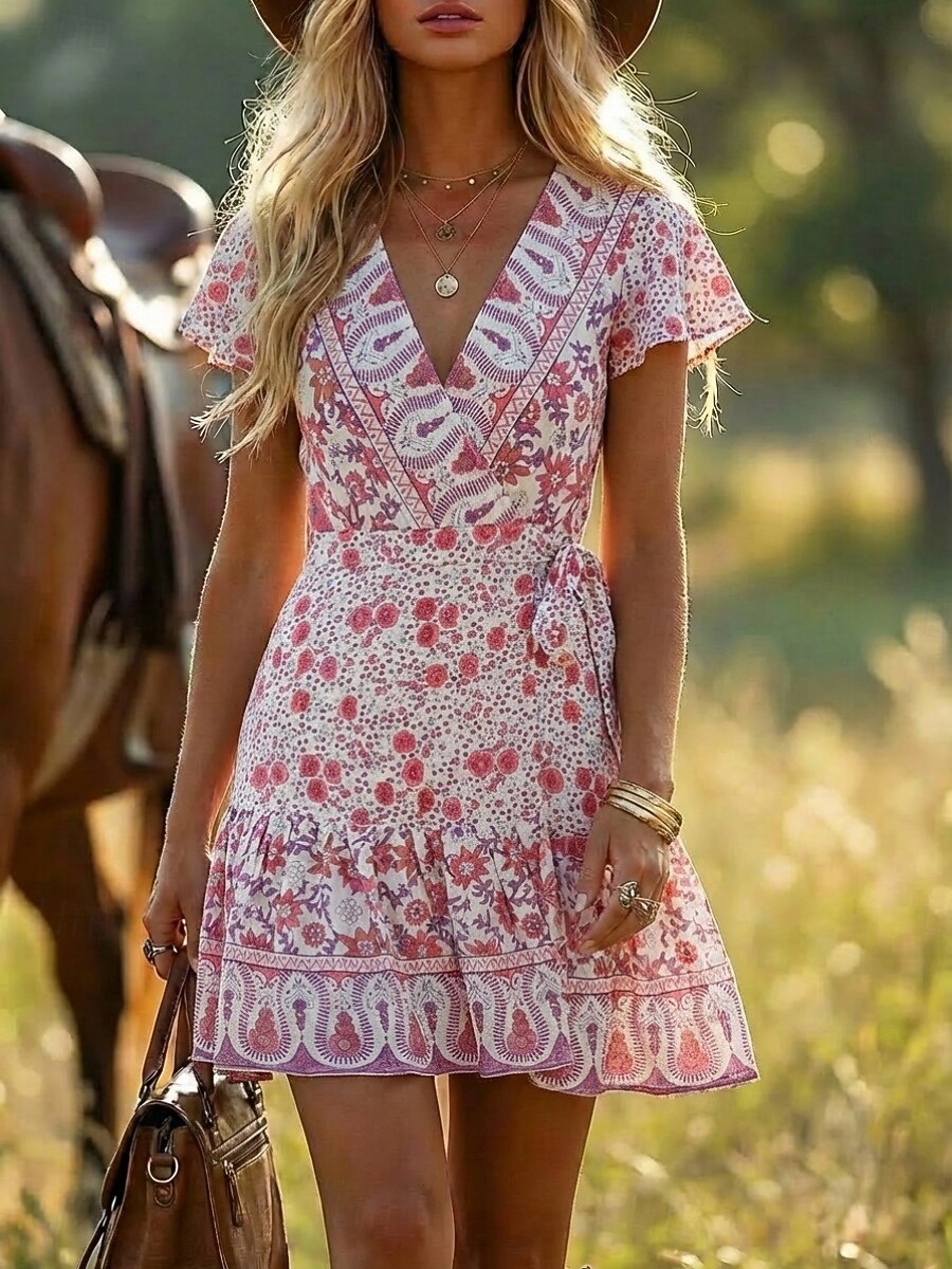 Women's Boho Floral Print Wrap Mini Dress, Red V-Neck Short Sleeve Tie Waist Ruffle Hem Casual Summer Dress