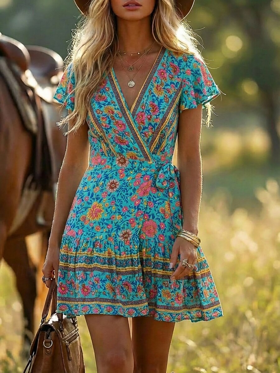 Women's Boho Floral Print Wrap Mini Dress, Red V-Neck Short Sleeve Tie Waist Ruffle Hem Casual Summer Dress