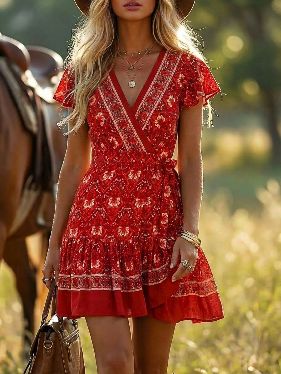 Women's Boho Floral Print Wrap Mini Dress, Red V-Neck Short Sleeve Tie Waist Ruffle Hem Casual Summer Dress