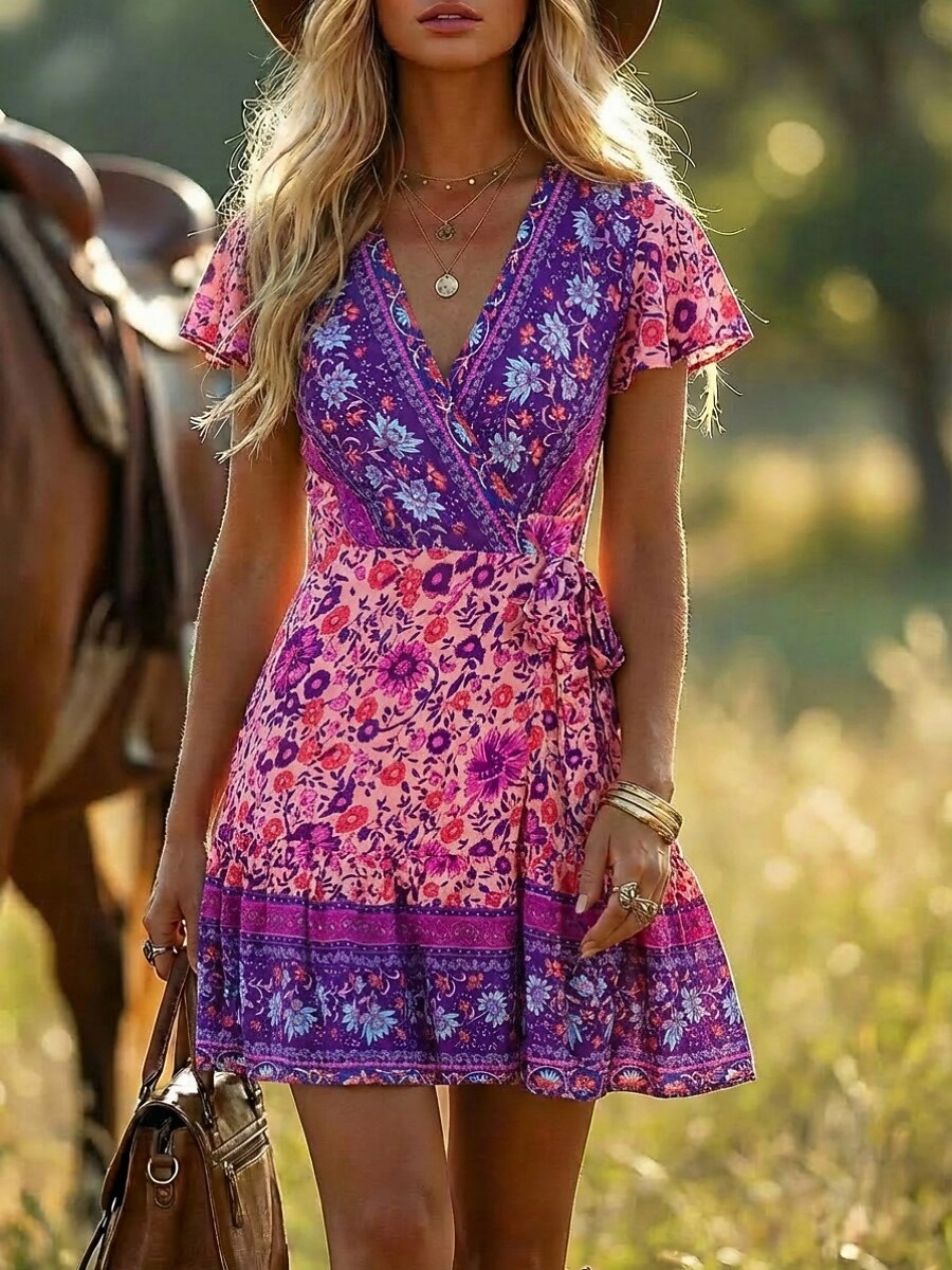Women's Boho Floral Print Wrap Mini Dress, Red V-Neck Short Sleeve Tie Waist Ruffle Hem Casual Summer Dress