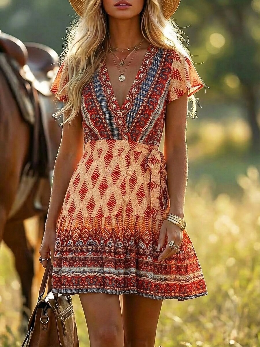 Women's Boho Floral Print Wrap Mini Dress, Red V-Neck Short Sleeve Tie Waist Ruffle Hem Casual Summer Dress