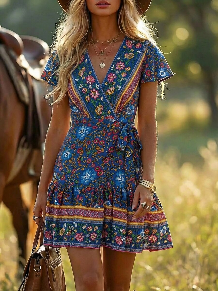 Women's Boho Floral Print Wrap Mini Dress, Red V-Neck Short Sleeve Tie Waist Ruffle Hem Casual Summer Dress