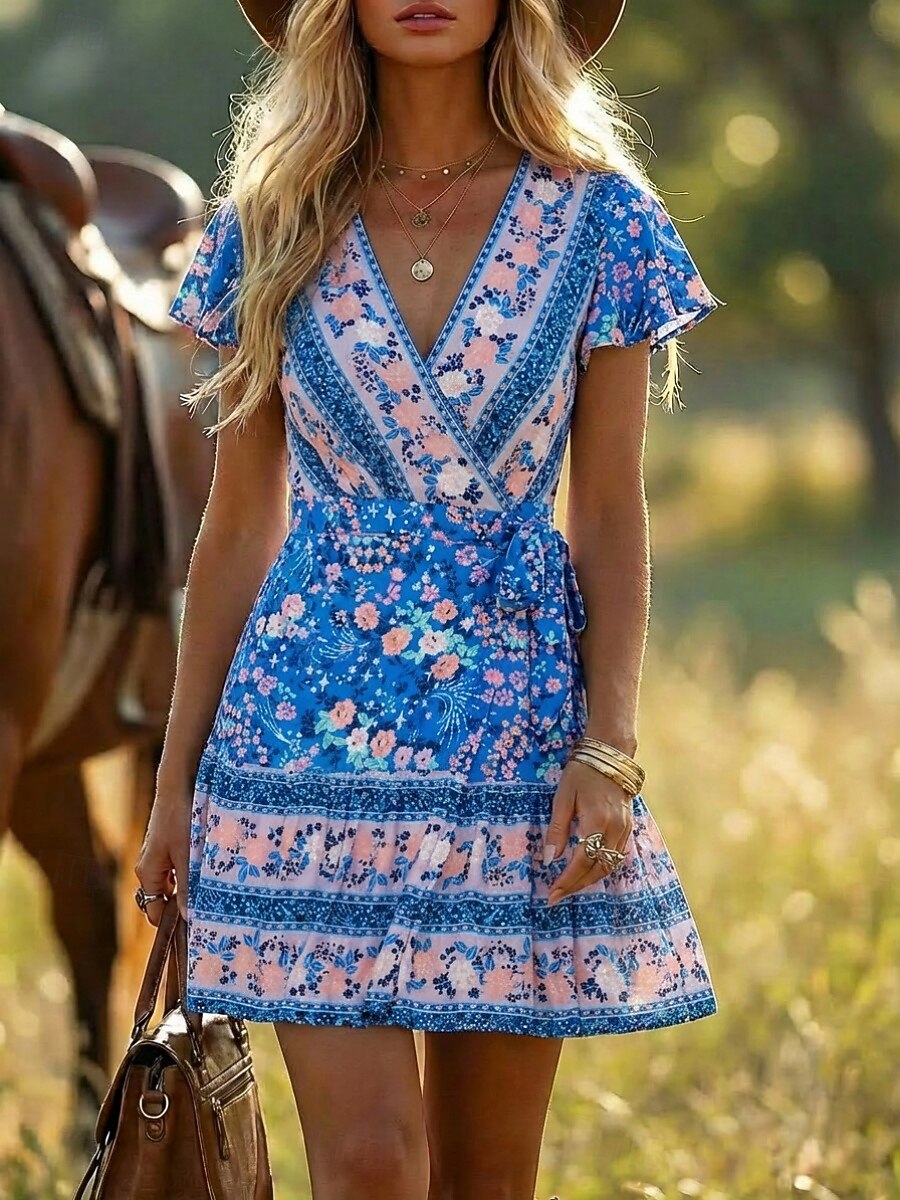 Women's Boho Floral Print Wrap Mini Dress, Red V-Neck Short Sleeve Tie Waist Ruffle Hem Casual Summer Dress