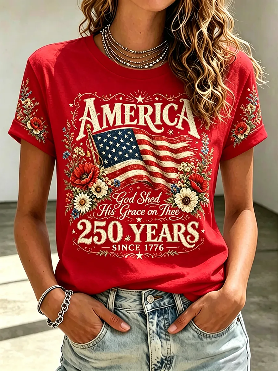 Women's America 250th Anniversary Floral T-Shirt, Patriotic 1776 Vintage Flag Short Sleeve Top