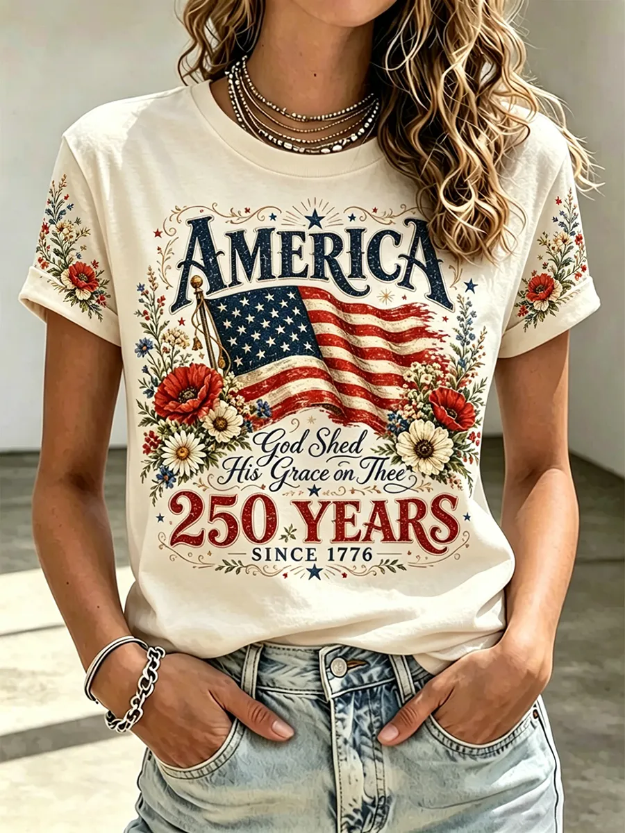 Women's America 250th Anniversary Floral T-Shirt, Patriotic 1776 Vintage Flag Short Sleeve Top