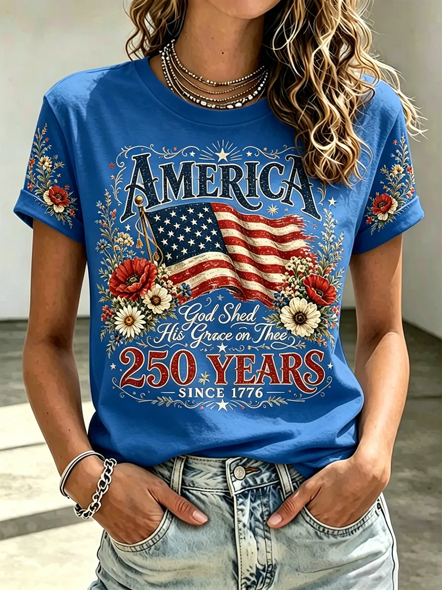 Women's America 250th Anniversary Floral T-Shirt, Patriotic 1776 Vintage Flag Short Sleeve Top