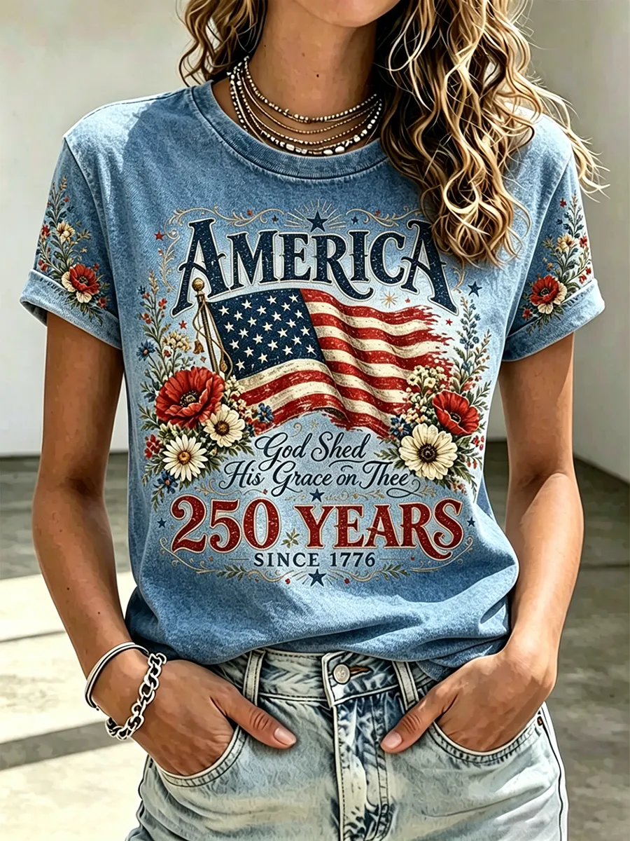 Women's America 250th Anniversary Floral T-Shirt, Patriotic 1776 Vintage Flag Short Sleeve Top