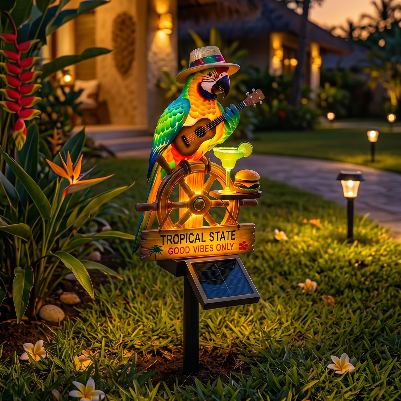 Tropical-style parrot solar lights, Tiki bar outdoor garden decor