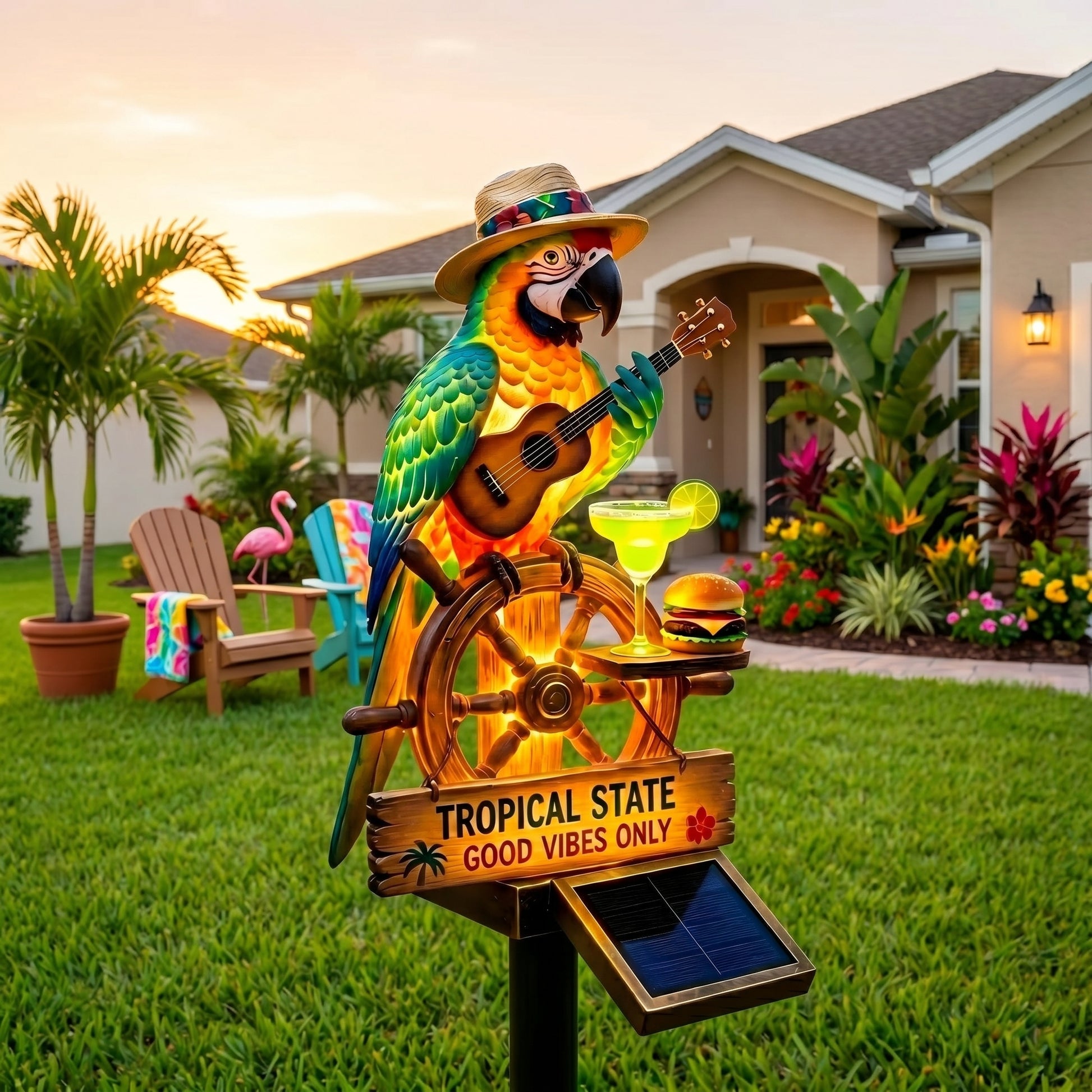 Tropical-style parrot solar lights, Tiki bar outdoor garden decor
