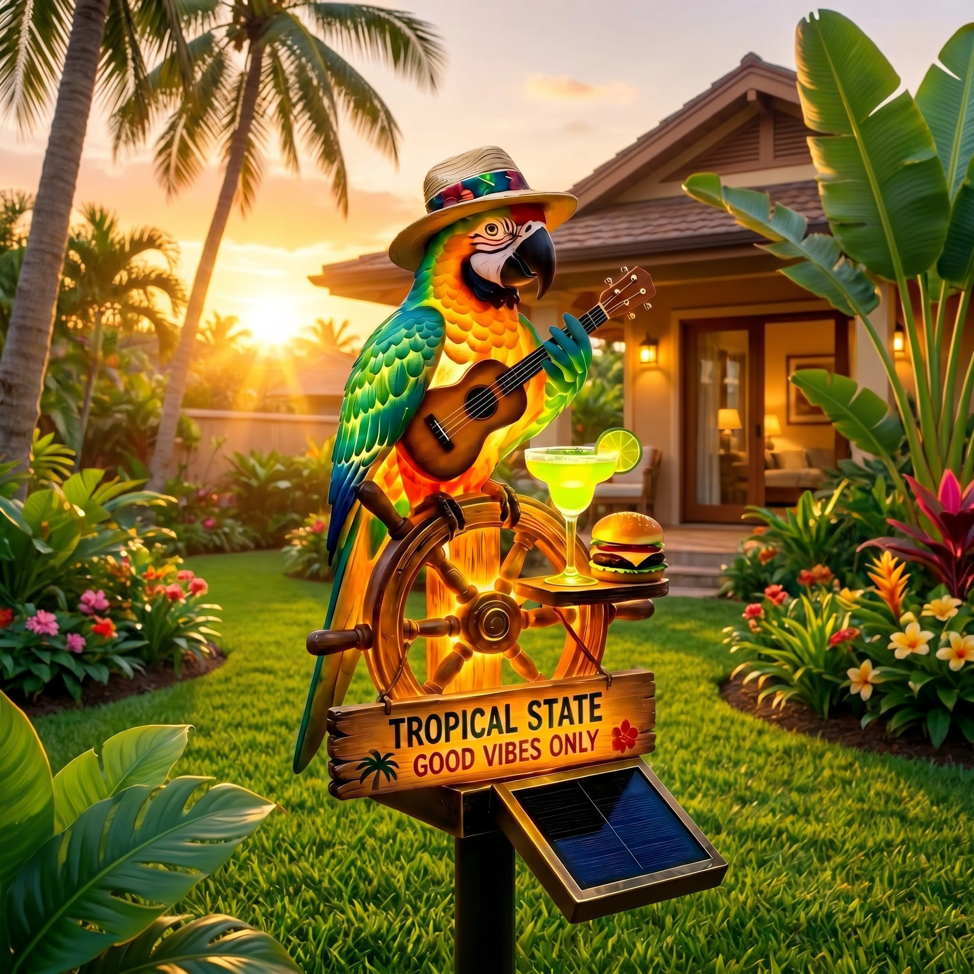 Tropical-style parrot solar lights, Tiki bar outdoor garden decor