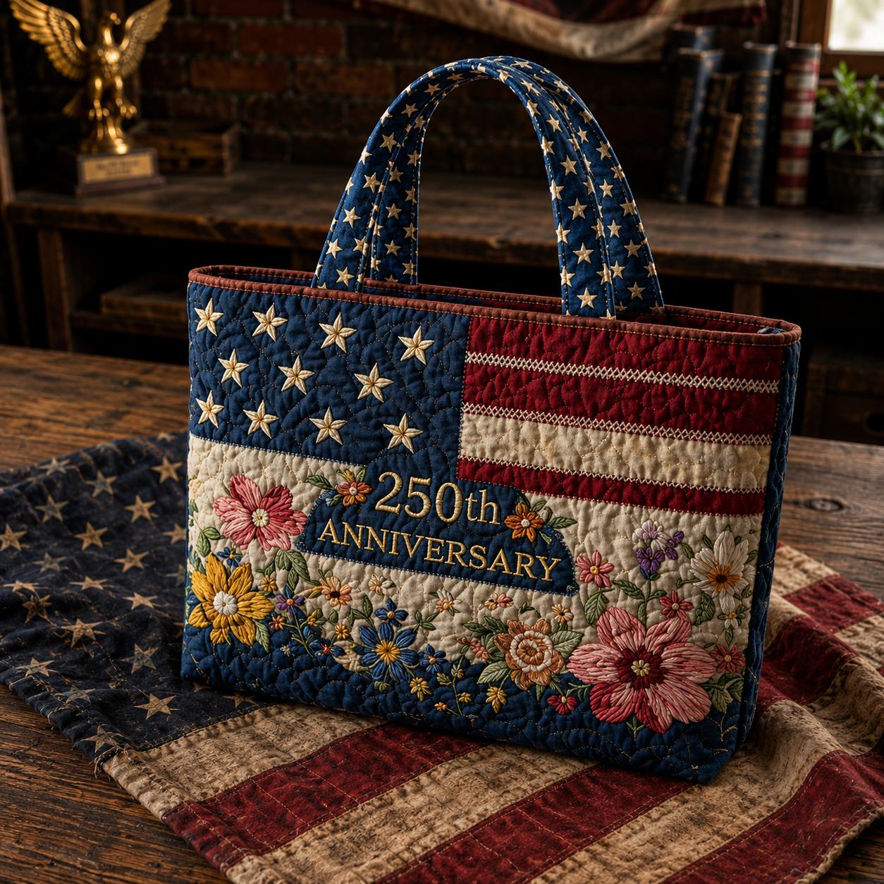 250th Anniversary American Flag Quilted Tote Bag, Floral Embroidered Patriotic Shoulder Handbag