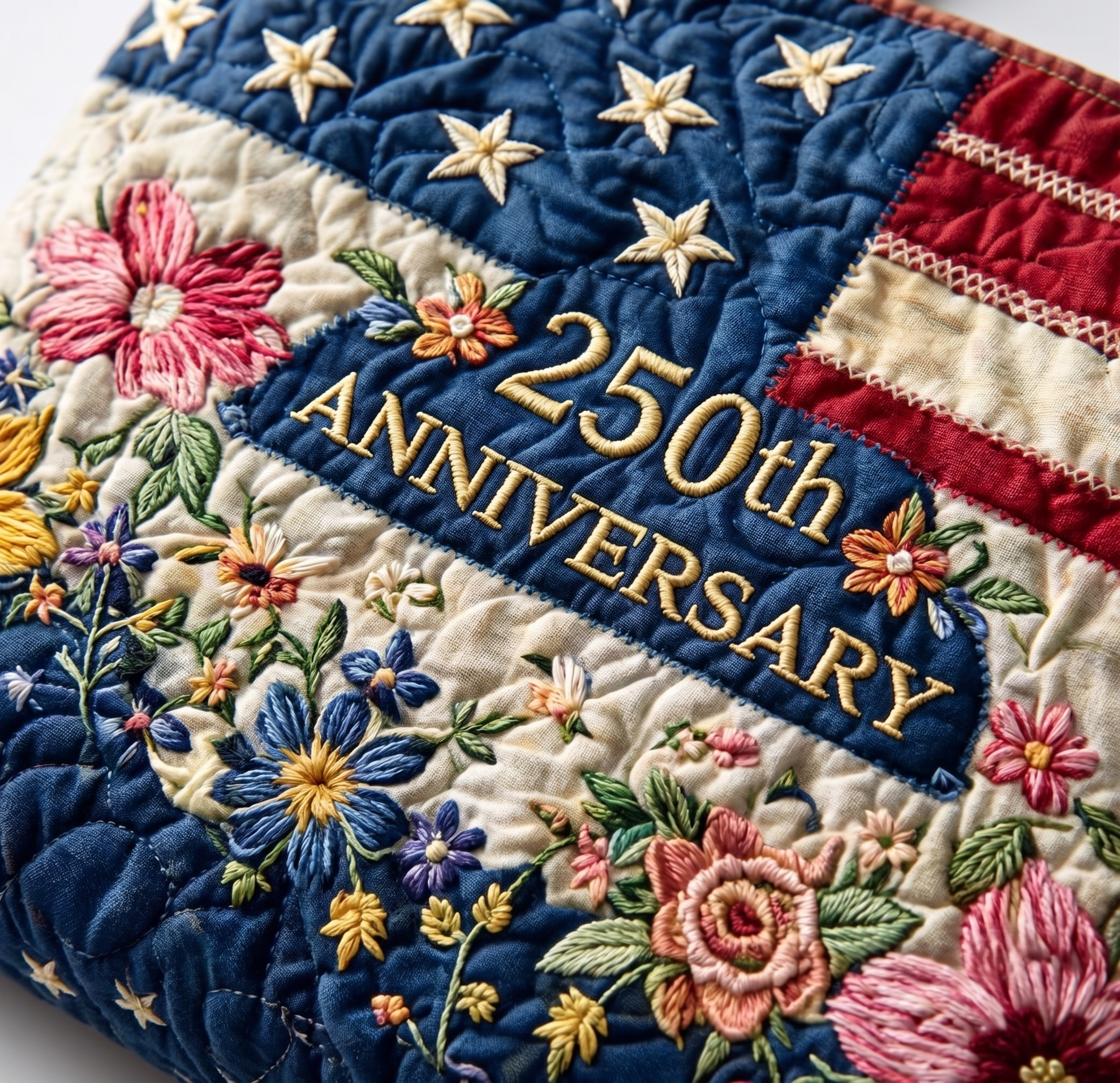 250th Anniversary American Flag Quilted Tote Bag, Floral Embroidered Patriotic Shoulder Handbag