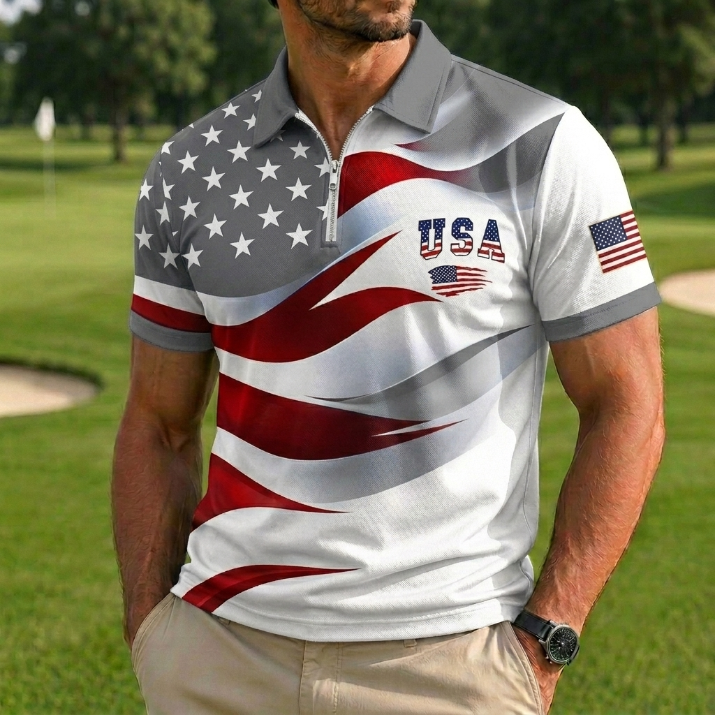 Men's USA Flag Gradient Print Quarter-Zip Golf Polo Shirt, Patriotic Short Sleeve Sport Top