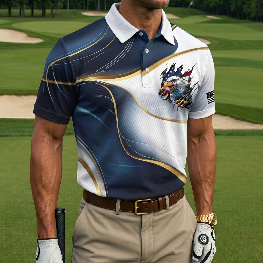 Men’s Patriotic Eagle Breakthrough Print Golf Polo Shirt - Quick-Dry Performance with USA Flag Detail
