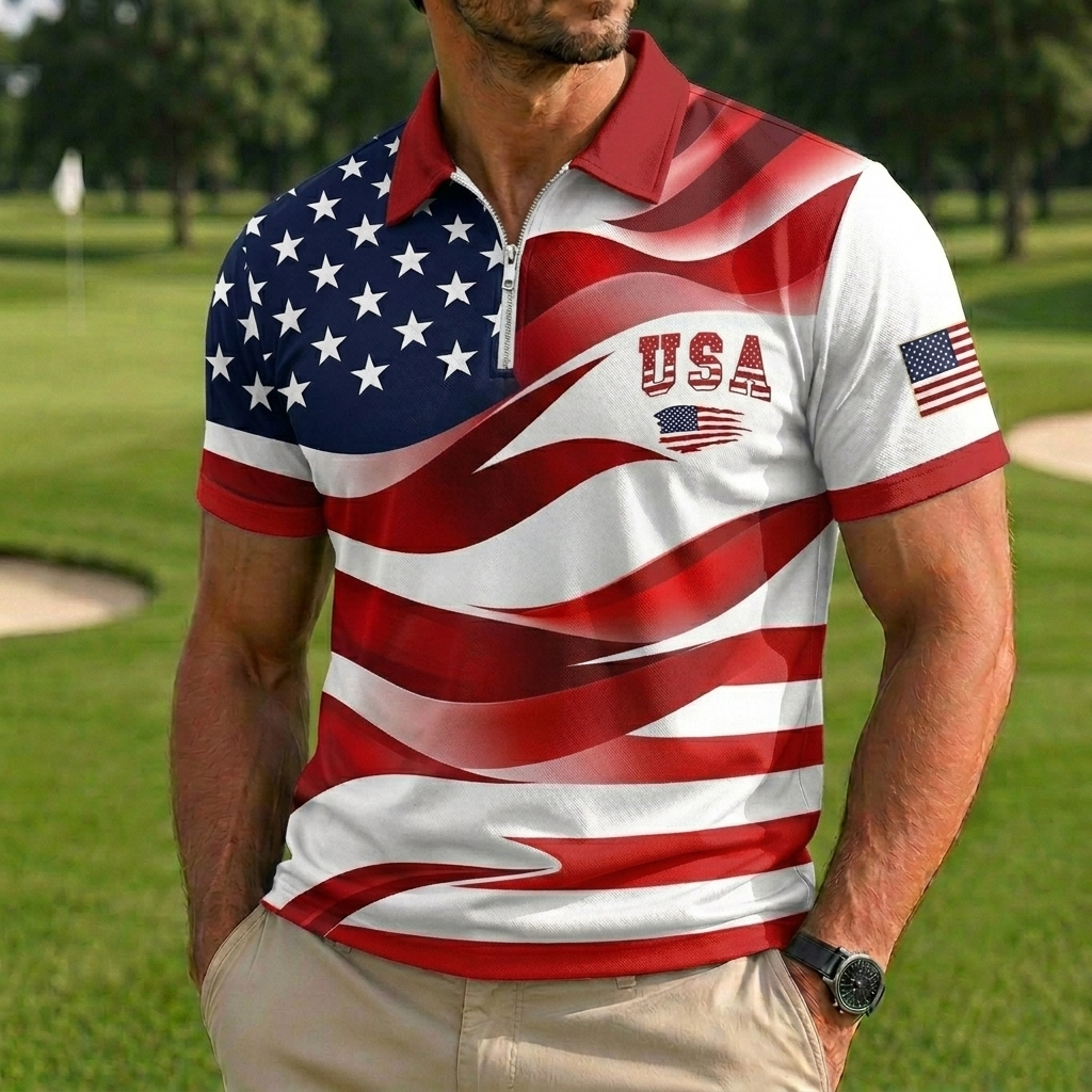 Men's USA Flag Gradient Print Quarter-Zip Golf Polo Shirt, Patriotic Short Sleeve Sport Top