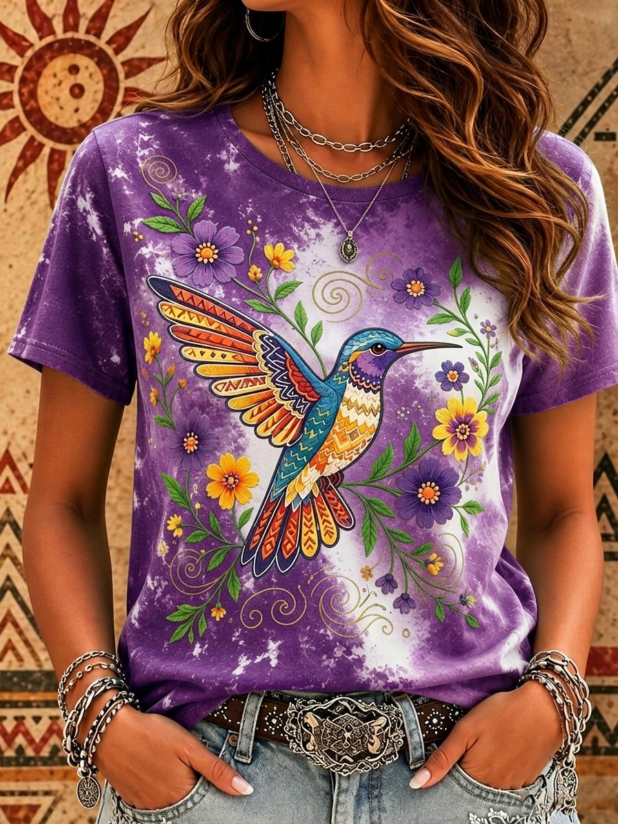 Women's Bohemian-style hummingbird floral print tie-dye T-shirt, casual short-sleeve Western-style top
