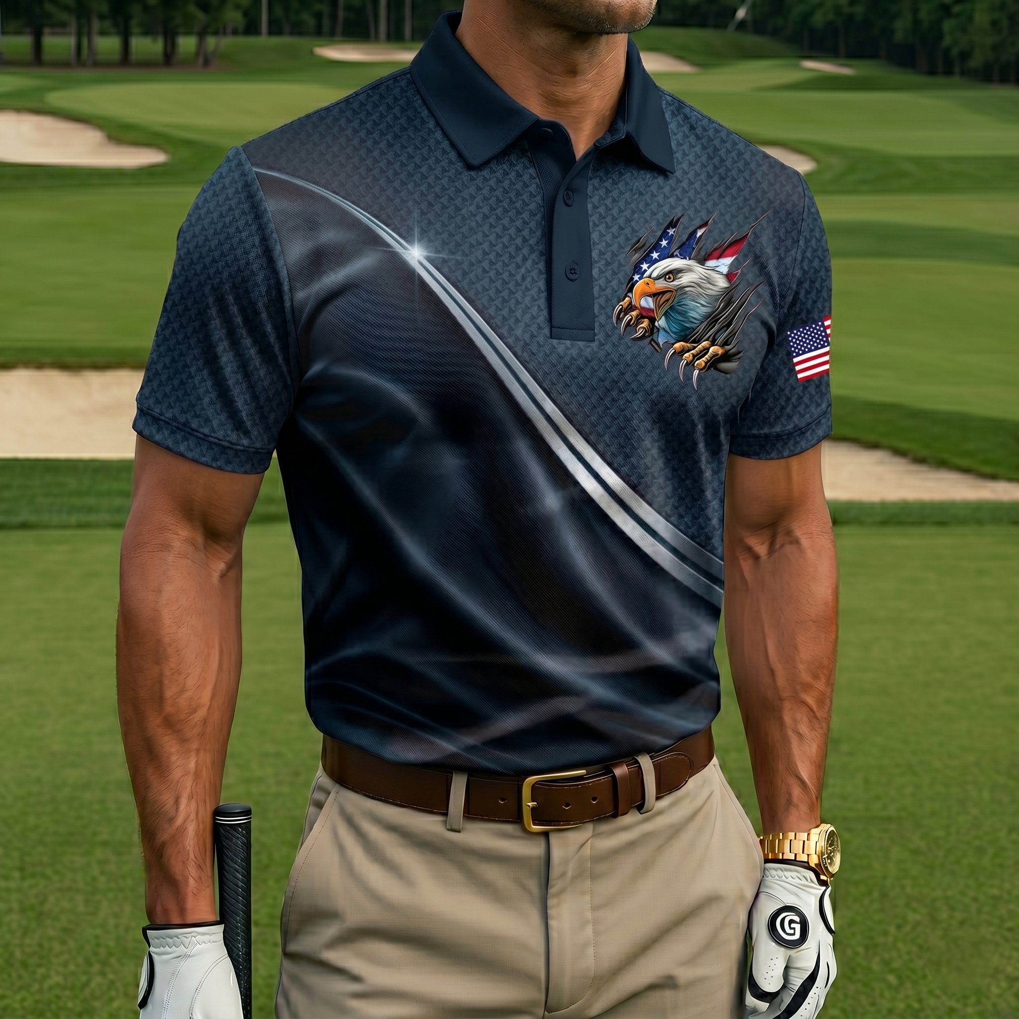 Men’s Patriotic Eagle Breakthrough Golf Polo - Quick-Dry Performance Shirt with American Flag Detail & Textured Fabric