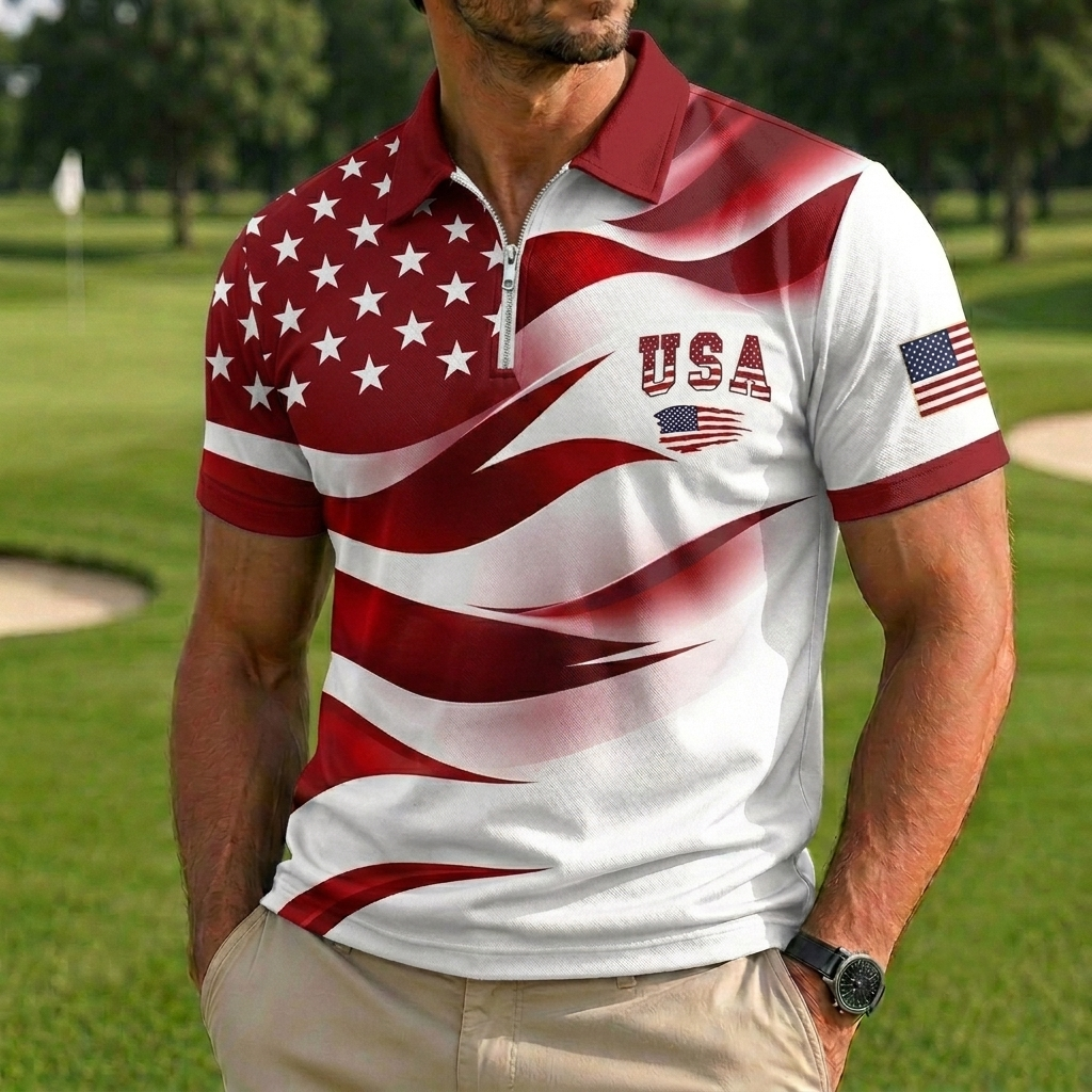 Men's USA Flag Gradient Print Quarter-Zip Golf Polo Shirt, Patriotic Short Sleeve Sport Top