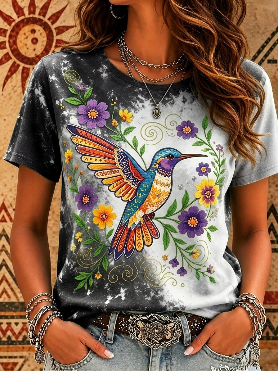 Women's Bohemian-style hummingbird floral print tie-dye T-shirt, casual short-sleeve Western-style top