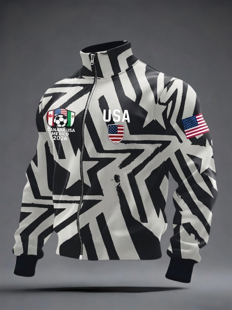 Men's USA 2026 World Cup Track Jacket, Full-Zip Soccer Star Pattern Patriotic Casual Jacket
